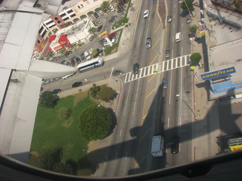 Sepulveda Boulevard taken from onboard a United Airlines Boeing 757. An In-N-Out Burger restaurant and a Goodyear tire store are in the pho